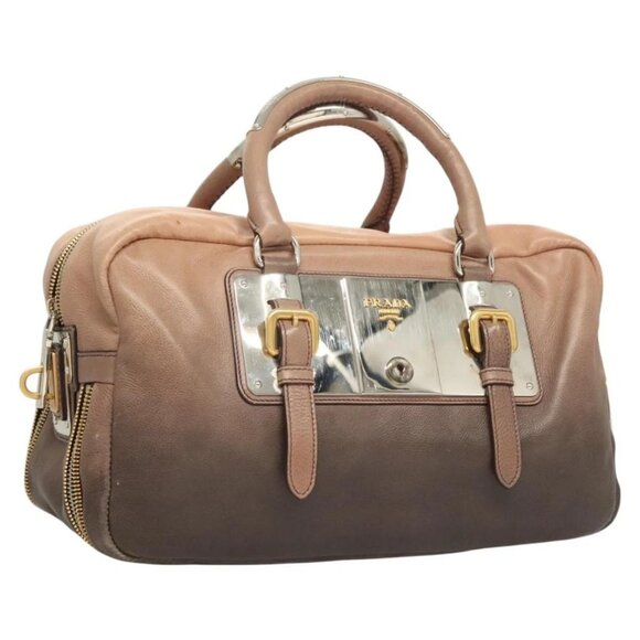 PRADA Hand Bag Leather Beige Gold Silver Auth - Picture 1 of 15